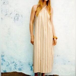 Zara Tan Striped Halter Maxi Sundress Small